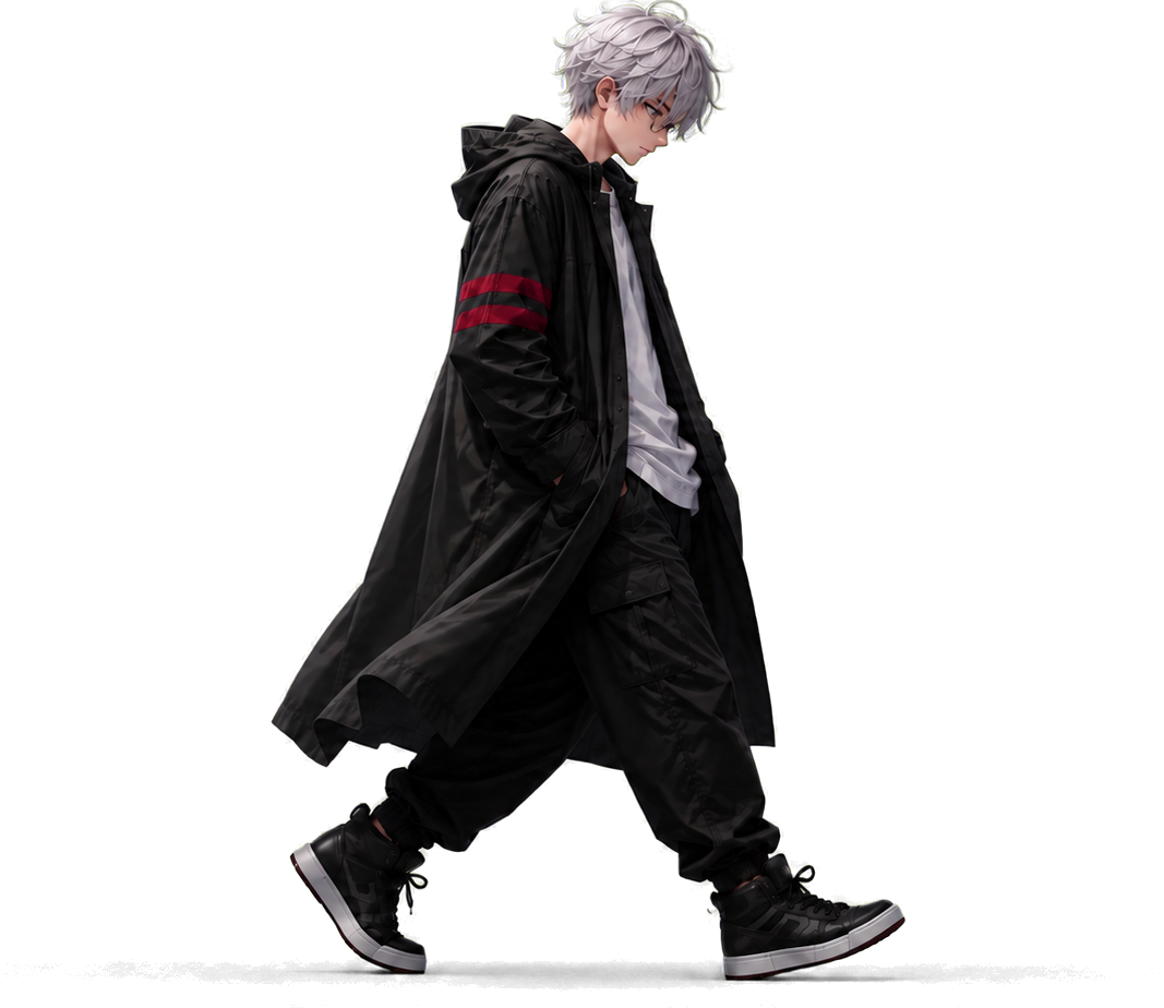 Niko walking, wearing a long black technical coat with red stripe accents