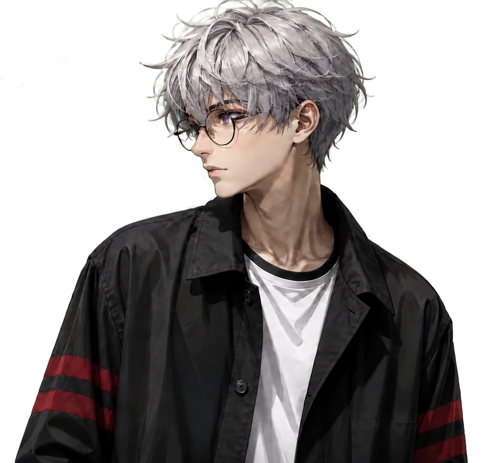 Niko wearing glasses and a black jacket with red stripes, looking to the side